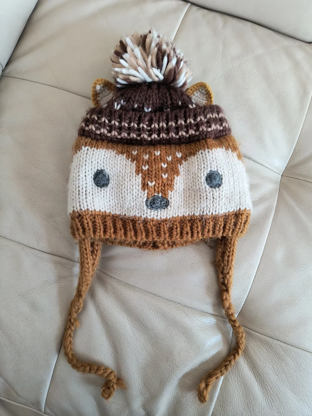 Zara Kids Brown & White Fox Knit Pom Pom Earflap Hat
